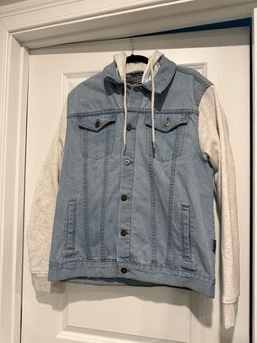Brooklyn Cloth Light Blue Denim Jacket with Heather Gray Hoodie Sleeves